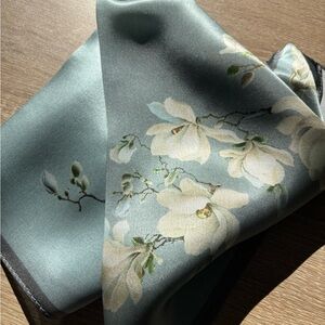 Floral Silk Scarf in Blue and Cream
